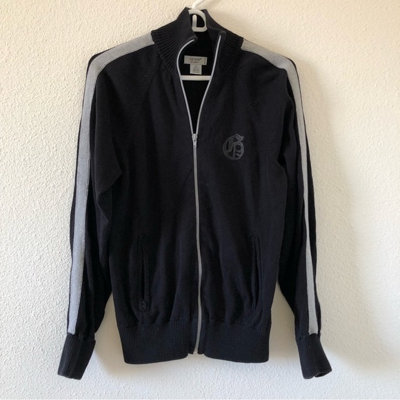 GUESS Black Gray Wool Blend Stripe sleeves Full Zip Sweater Women Small - Picture 6 of 8